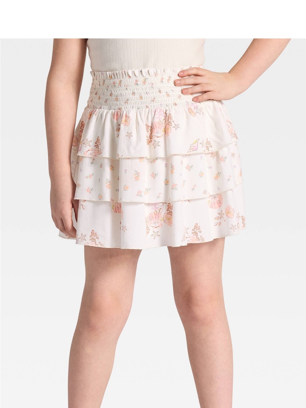 Cat & Jack White Mini Skirt with Coral Floral Tiered Ruffles